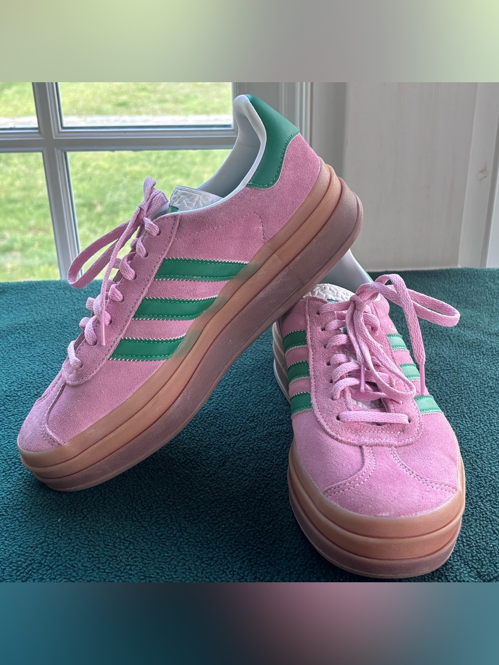 Adidas Gazelle Pink/Green Suede Platform Sneakers